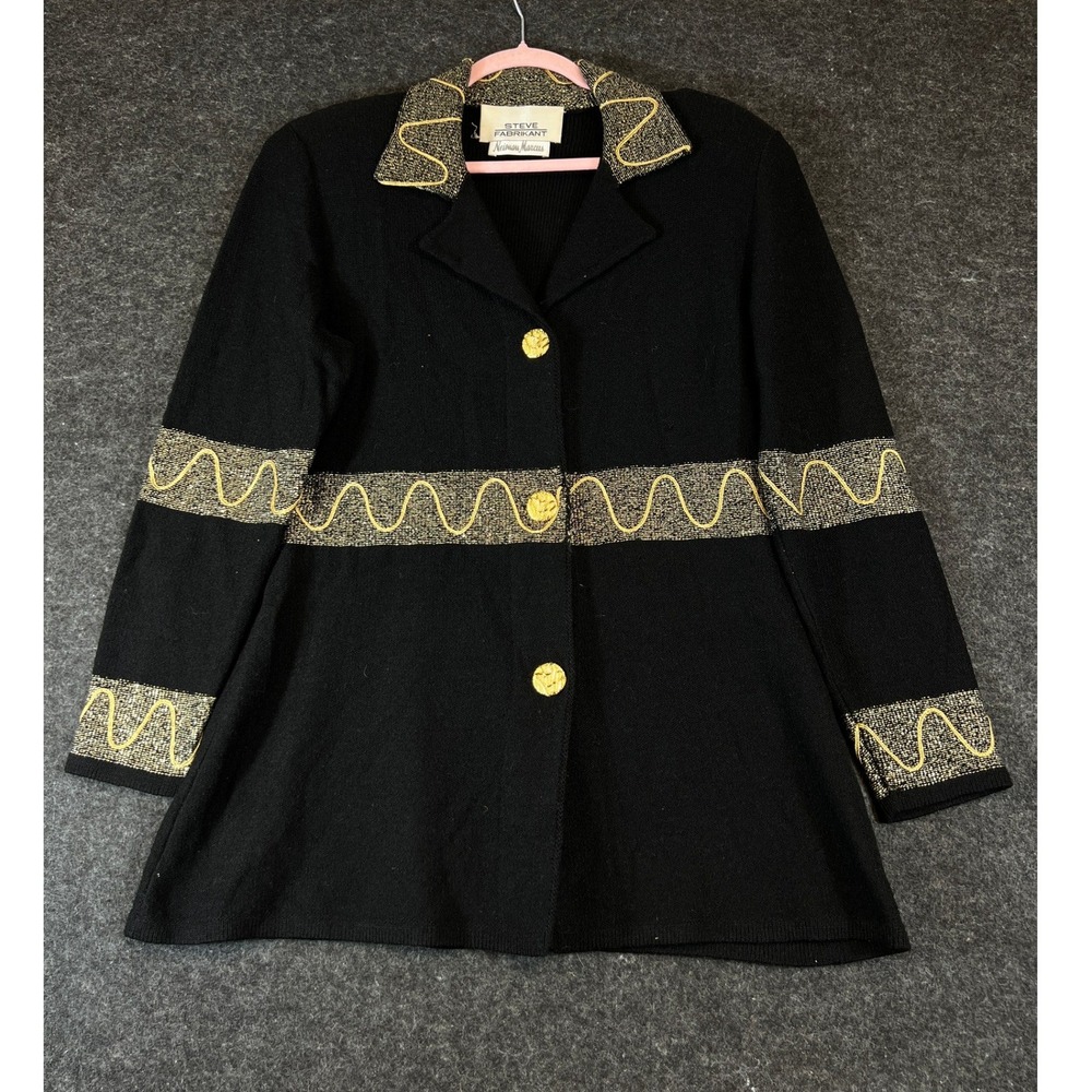 VTG 90s Steve Fabrikant Neiman Marcus Wool Cardigan Blazer Womens Small Black